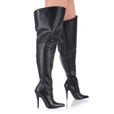 Overknees Weitschaftstiefel Schwarz Leder High Heels 11 - 15 cm EU 37 - 47