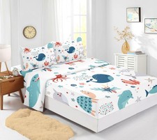 Sea Turtle Fitted Sheet Full Beach Theme Dolphin Starfish Seaweed Bed Sheet S...