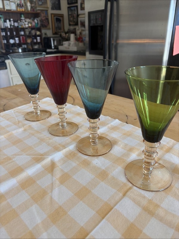 Four Fun And Colorful Vintage Wine Water Glasses On Light Gold Base 
