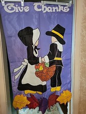 3D Garden Flag Banner GIVE THANKS Pilgrims Applique 28"X42" Thanksgiving Fall