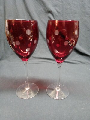 Set Of 2 Ruby Red Cut To Clear Dot Wine Glasses Clear Stem 14oz.