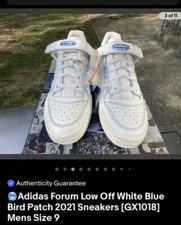   Adidas Forum Low Off White Blue Bird Patch 2021 Sneakers GX1018 Mens Size 9