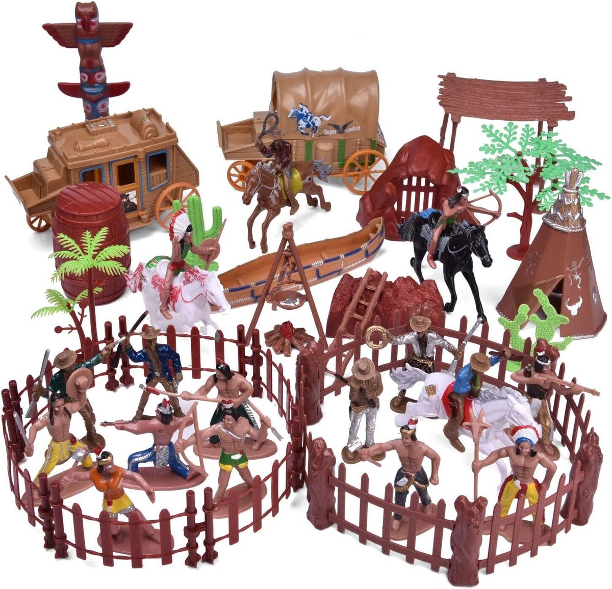 61 PCs Wild West Cowboys Indians Plastic Figures Toys Horse War Game  Educational