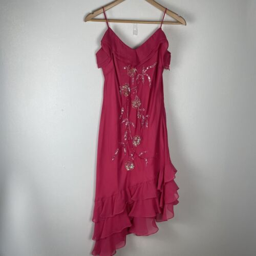 VTG Y2K Fairycore Pink Chiffon Midi Dress 12 Asymmetrical Ruffled Floral 2000's