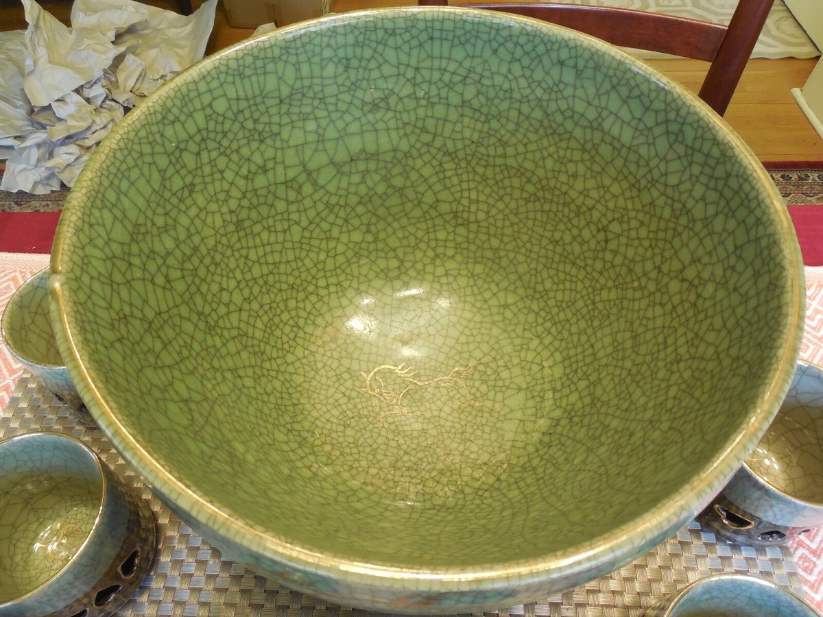 食器 Soma Soma Ware Japanese Pottery Somayaki Punch Bowl 10 Cups Gold