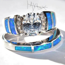 900 Silver Blue Inlay Band Ring Set, Round Clear Stone, Size G