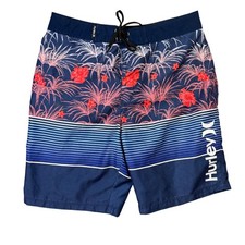 Hurley Boys Board Shorts Tropical Floral Striped Swim Trunks Size 14/27 Blue Red