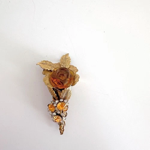VINTAGE MIRIAM HASKELL AMBERED COLORED ROSE FLORAL BROOCH GOLD TONE