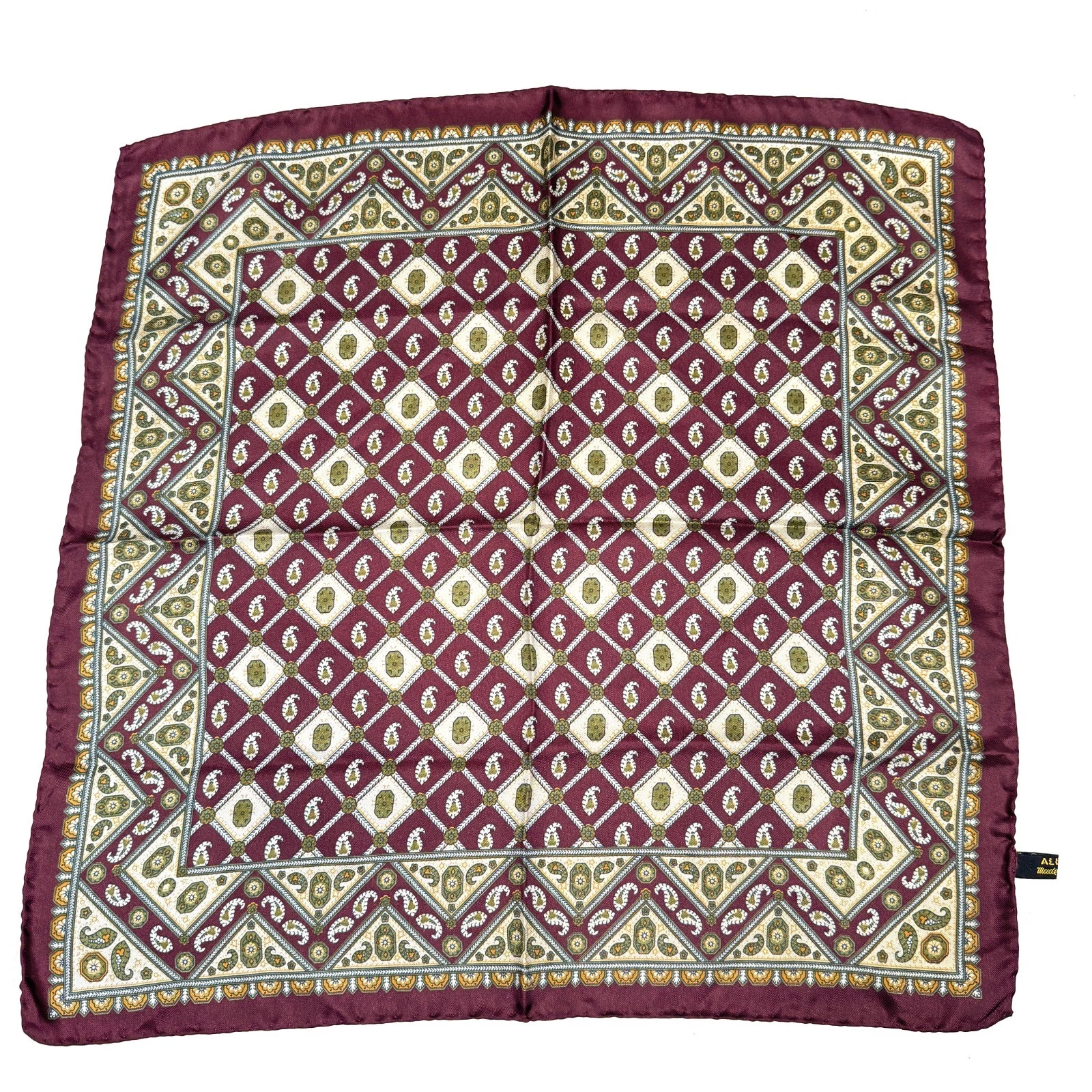 Vintage 100% Silk Neckerchief Scarf Burgundy Paisley Print Classic Made In Italy