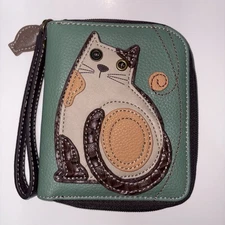 Chala Teal Lazy Cat Zip Around Wallet Wristlet Strap Brown Kitten Cat Lazzy Cat