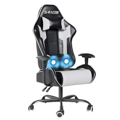 MARKENLOS Gaming Chair Gaming Bürostuhl Stuhl Ergonomisch Vibrationskissen Schwarz/Weiß