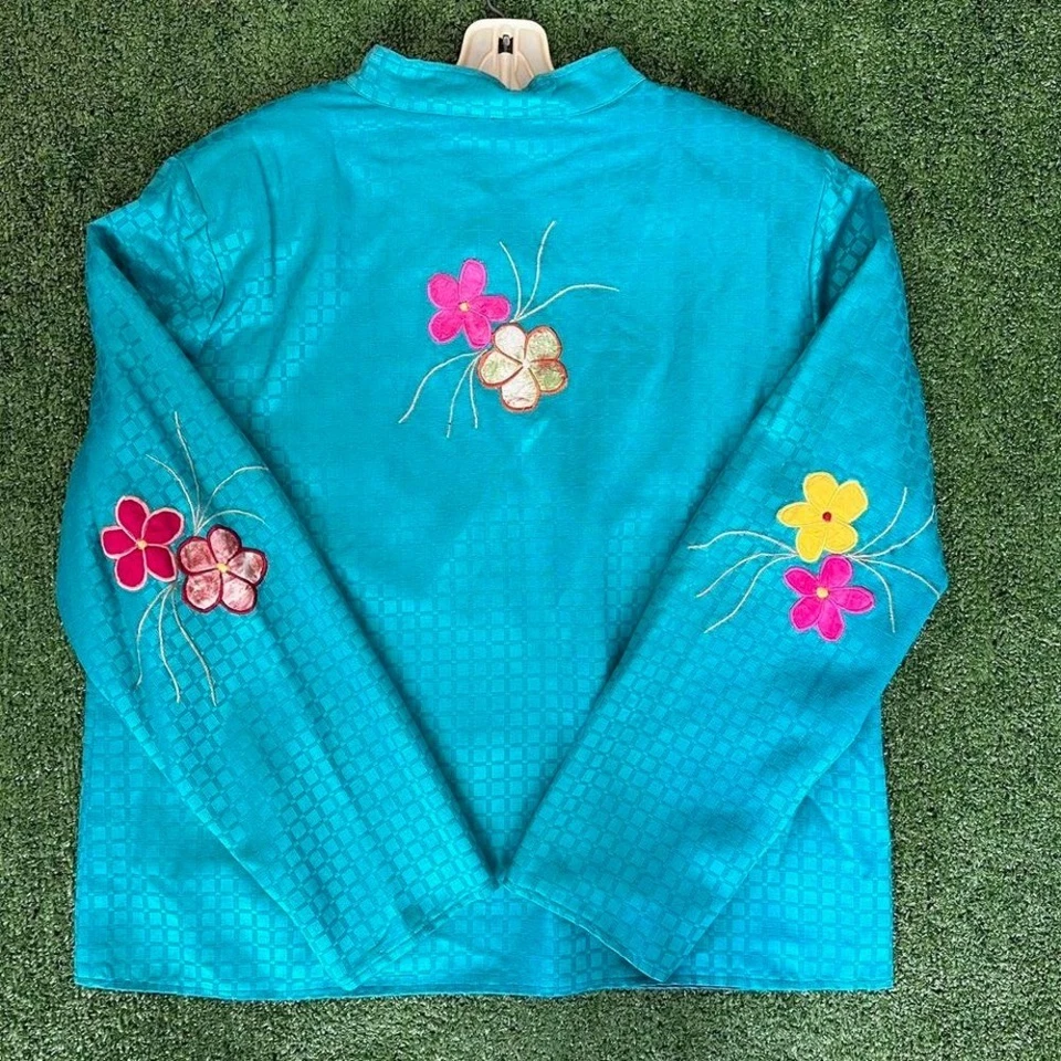 Vintage Alex Kim Blue teal floral embroidered button-up tunic Japanese jacket XL - Image 4 of 4