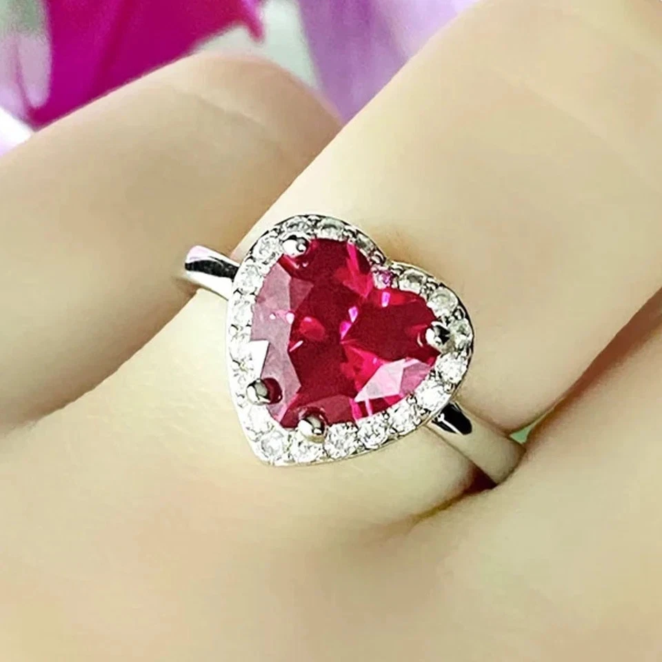 4.50 Ct Heart Cut Natural Ruby and Diamond Halo Design Ring 950 Platinum 6 7 8 - Image 4 of 4