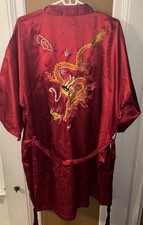Vintage Dragon Embroidered Red Silk Robe with Silk Belt Tie and Front Pockets