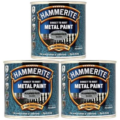 3X Hammerite Hammered Silver Direct to Rust Metal Paint 250ml UK