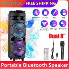 Dual 8" Portable Bluetooth FM Speaker Dual woofer Heavy Bass Party System W/ mic