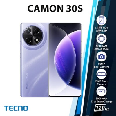 TECNO Camon 30S Android Cell Phone (Violet/8GB+256GB/Dual