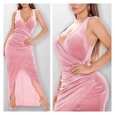 Fashion Nova Women Dress Size XS Pink Velvet Wrap Long Maxi V- Neck