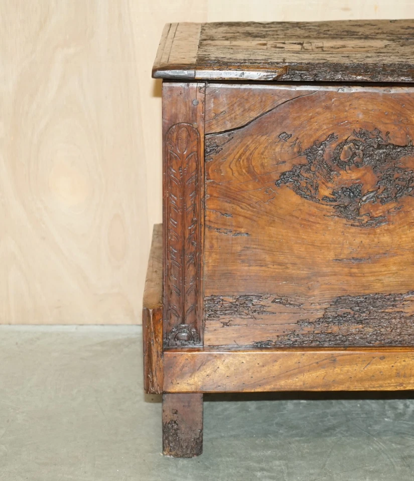 ANTIQUE 18TH CENTURY SIX PLANK HEAVILY BURRED CHESTNUT WOOD TRUNK CHEST - Image 4 of 4