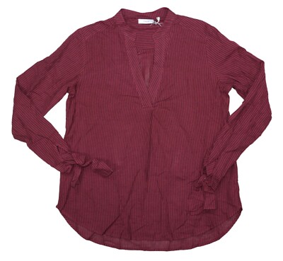 Lush Striped V-Neck Tie Cuffs Hi-Lo Hem Women's Blouse Top M NWT Burgundy