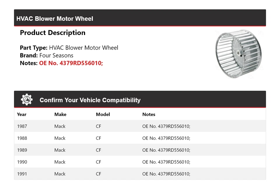 For 1987-1991 Mack CF HVAC Blower Motor Wheel 4 Seasons 1988 1989 1990 - Image 2 of 4