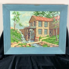 Vintage 50s Paint By Number PBN Old Grist Mill Water Wheel River 19 x 15 Framed