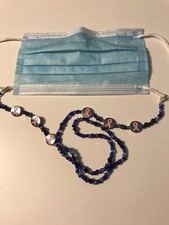 Pink Ribbon and Blue Glass Beads face mask Holder necklace lanyard Breast Cancer