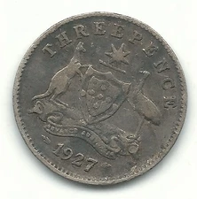 NICE DETAILS 1927 (METAL BELOW 2) AUSTRALIA SILVER THREE 3 PENCE COIN-AGT083
