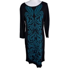 NINE WEST Womens Large Black Teal Blue Damask Intarsia Long Sleeve Sweater Dress