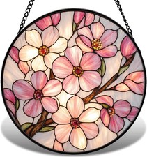 7.9in Pink Blossom Floral Stained Glass Suncatcher Window Hanging Decor