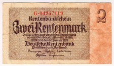 1937 Germany 2 Rentenmark 04247119 Vintage Money Banknote