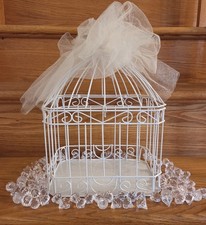 Bird Cage Wedding Card Gift Box White Metal Hinged Top Bow 84 Plastic Scatter...