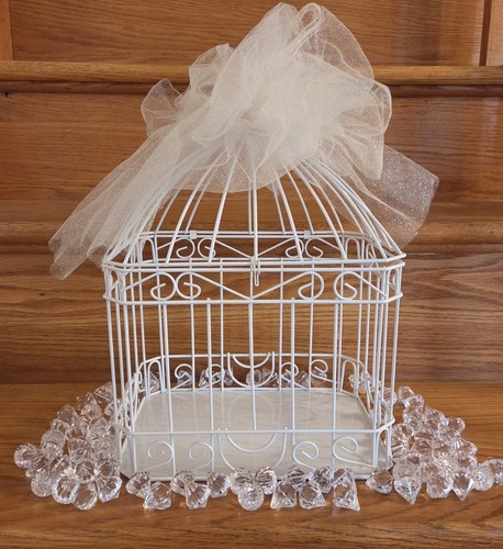 Bird Cage Wedding Card Gift Box White Metal Hinged Top Bow 84 Plastic Scatter...