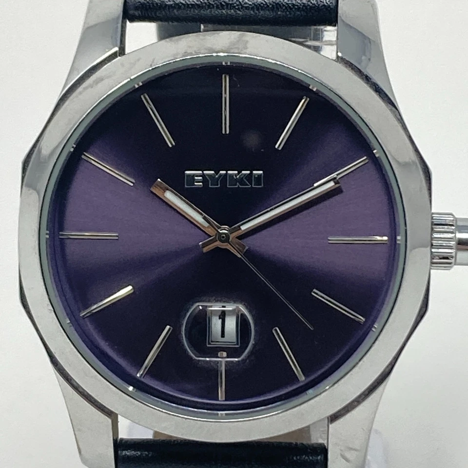 Eyki Watch Men 42mm Silver Tone Date Bubble Purple Dial Round New Battery 9" - Image 2 of 4