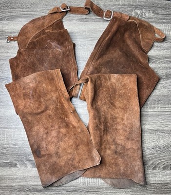 VTG 80 s Leather Chaps Lenzip Zipper Full Side Zip USA Cowboy Cattle Ranch Nice!