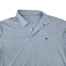 Vineyard Vines Performance Polo Shirt Mens Large Blue White Striped Whale Logo