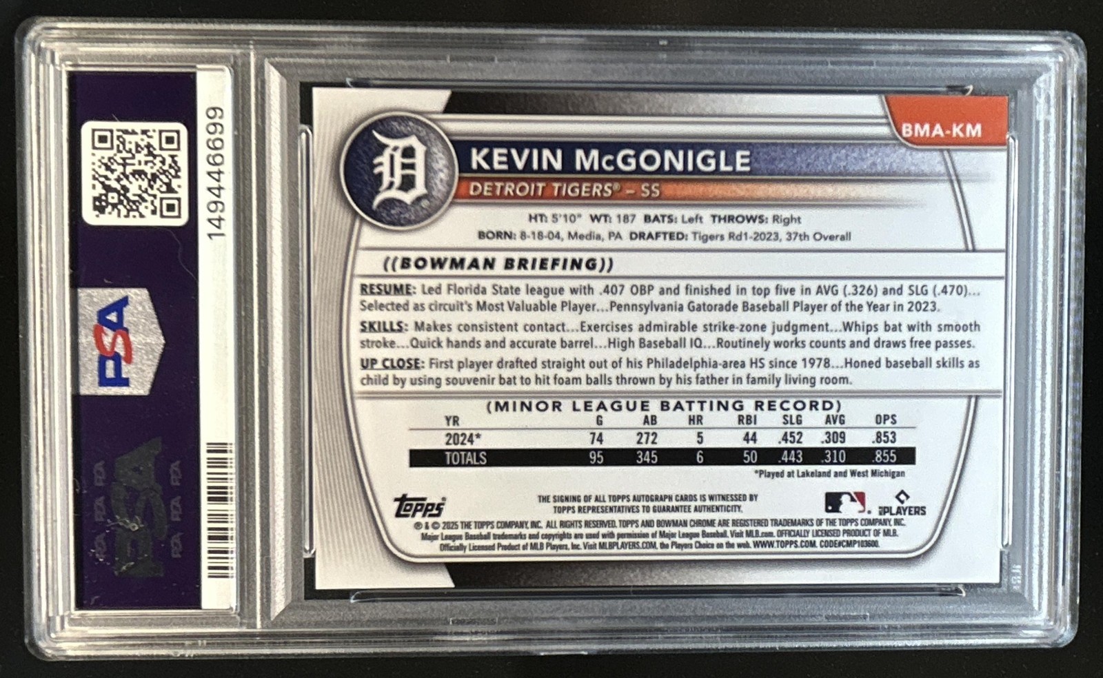 2025 Bowman Kevin McGonigle Chrome Auto Mega Box Blue Refractor 1st #/150 PSA 9 view 2