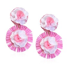 Raffia Flower Earrings Raffia Straw Wrapped Hot Pink Flower Drop Dangle Ear - 02
