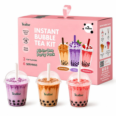 Instant Bubble Tea Kit, Ready in 15 Seconds, 6 Servings, Syrup-Based Bubble Tea