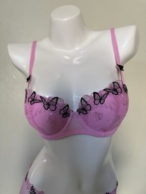 Victoria's Secret PINK Wink Push Up Bra & Cheeky Panty Set Pink Black Butterfly