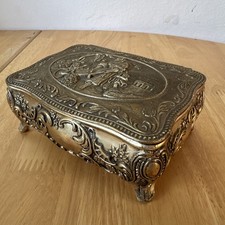 Vintage ornate metal box with lid footed jewelry box decorative