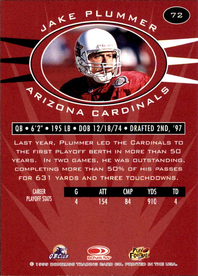 Jake Plummer 1999 Donruss Preferred QBC #72 Arizona Cardinals - Image 2 of 2
