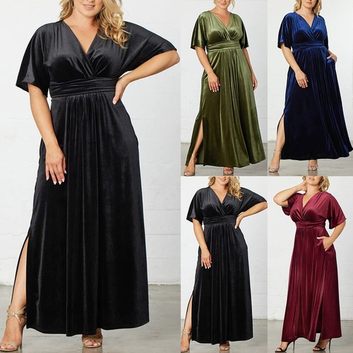 Plus Size Women Velvet V Neck Maxi Dress Ladies Evening Cocktail Party Long Gown - Picture 16 of 22
