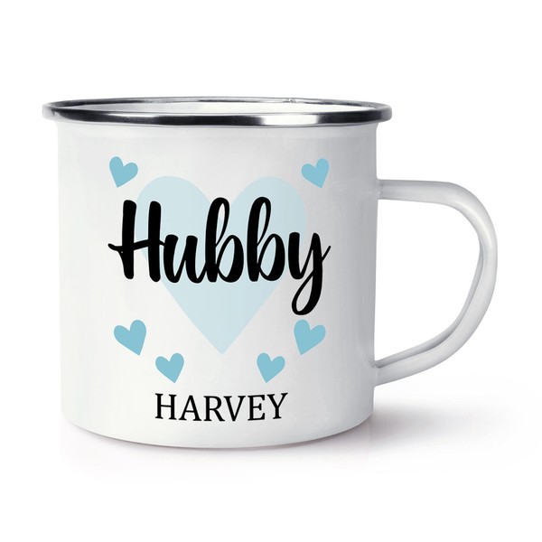Personalisiert Hubby Emaille Becher Tasse Weiß Liebe Freund Ehemann Geburtstag-image