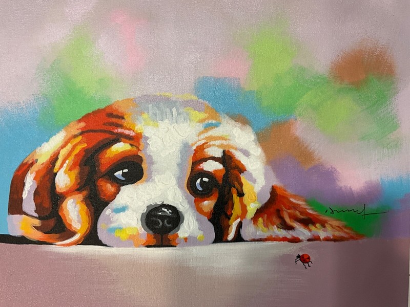 Cocker spaniel puppy with ladybug modern oil painting 20 x 24”