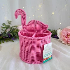 Ciroa Summer Pink Wicker Tropical Flamingo 4 Section Utensil Caddy Basket New
