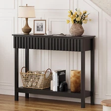 Fluted Console Table with 2 Drawers Narrow Sofa Table with Open Storage Shelf Mo