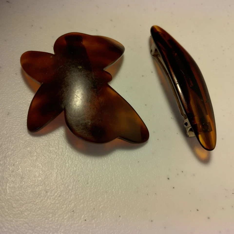 Vintage Hair Barrette Pair Butterfly Rounded Made In France Brown 2 Hairclips - Image 4 of 4