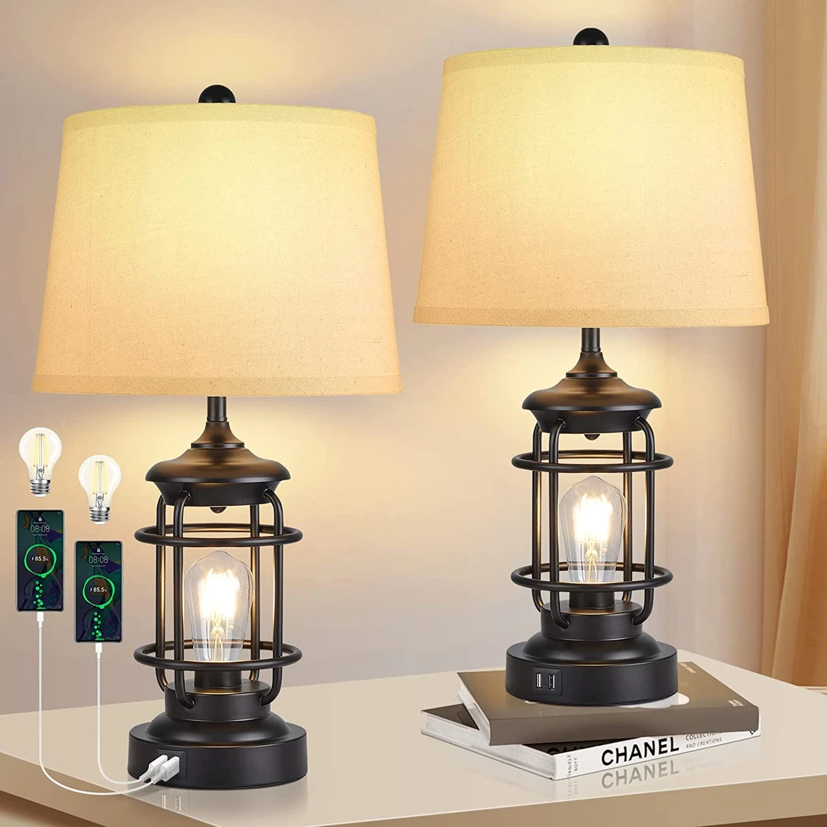 AKASUKI Farmhouse Table Lamps 2 Set 3 Way Dimmable Bedside Touch
