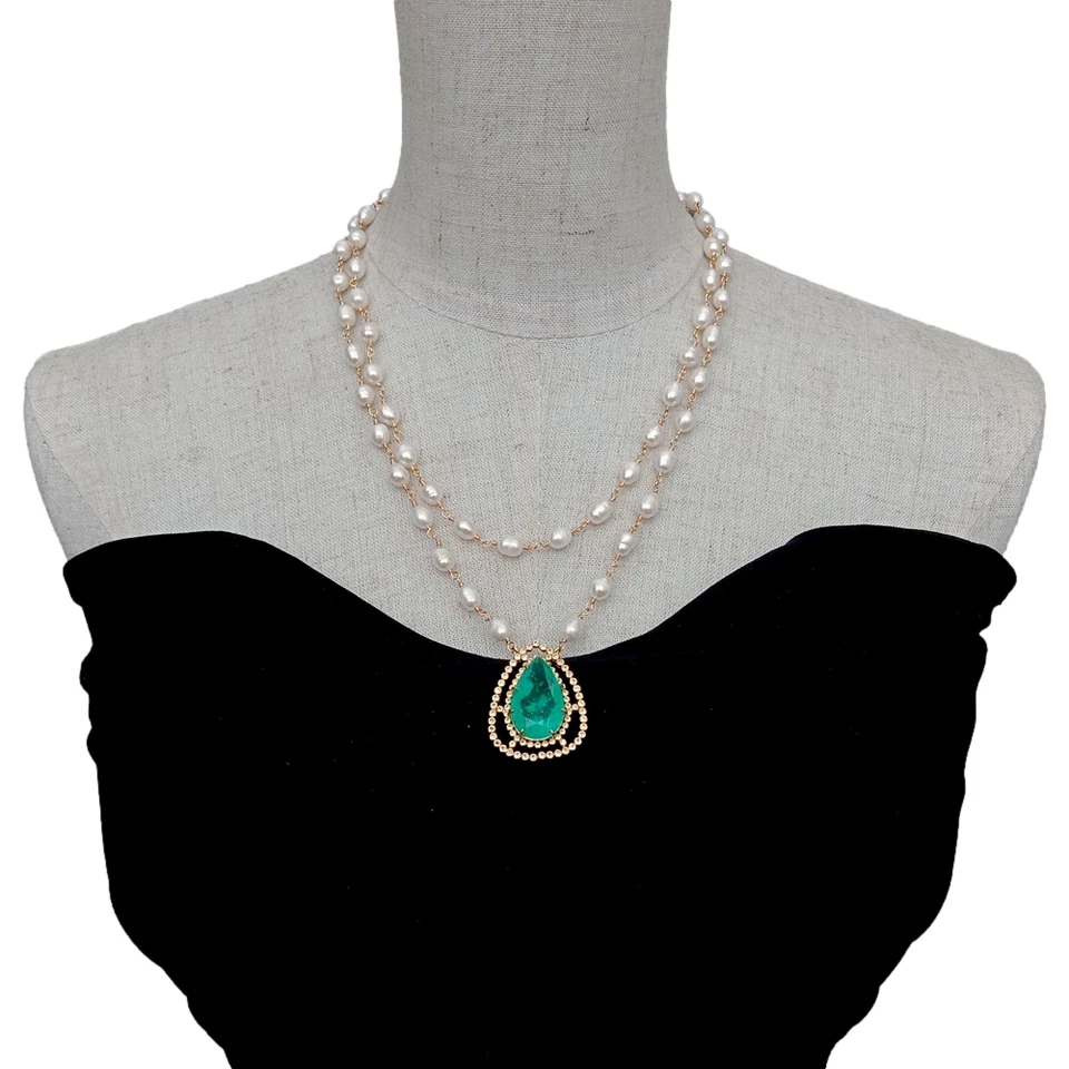 19英寸白色米珍珠念珠链项链绿色石英泪珠Cz铺吊坠 — 第 4/4 张图片